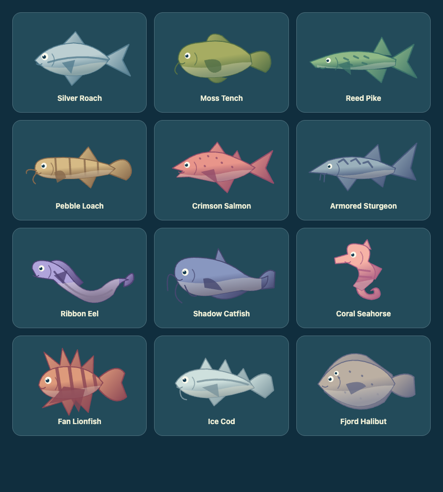 A selection of twelve distinct fish designs, including perch, trout, and seahorse