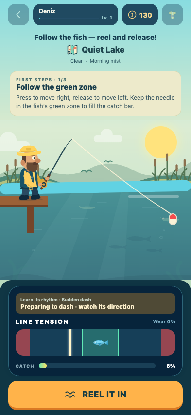Fishing tutorial with a moving fish and line tension control